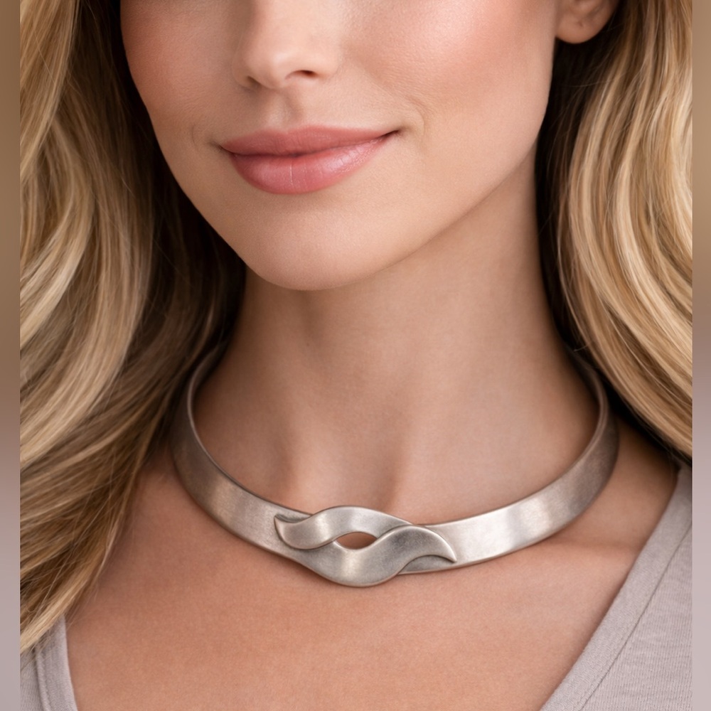 Vintage Taxco Mexico Sterling Silver Modernist Wave Collar Choker Necklace 925